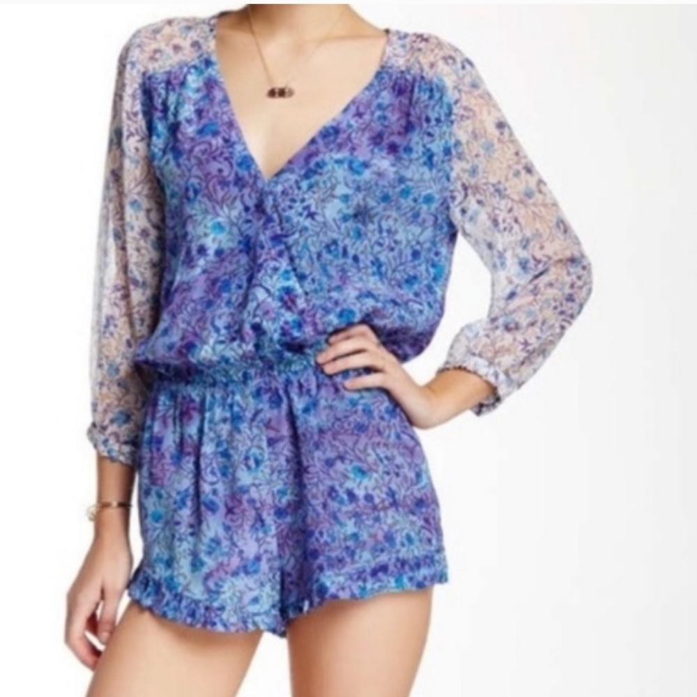 Gypsy 05 Floral Long Sleeve 100% Silk Blue Romper Size Small - Picture 2 of 16